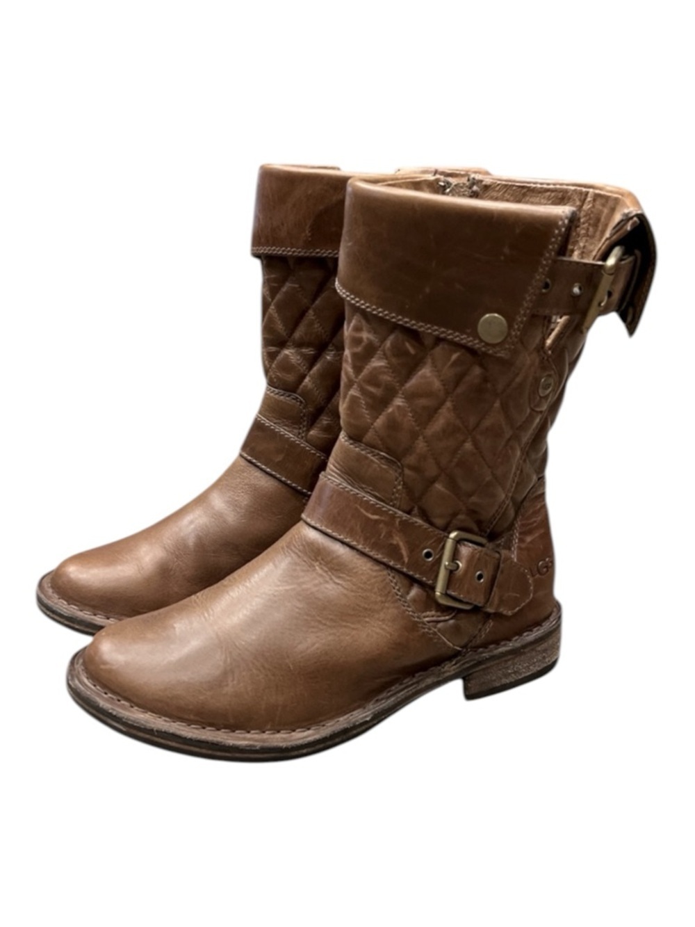 UGG CONOR Motorcycle Style Brownstone Brown Quilted Leather Boots SZ 6
